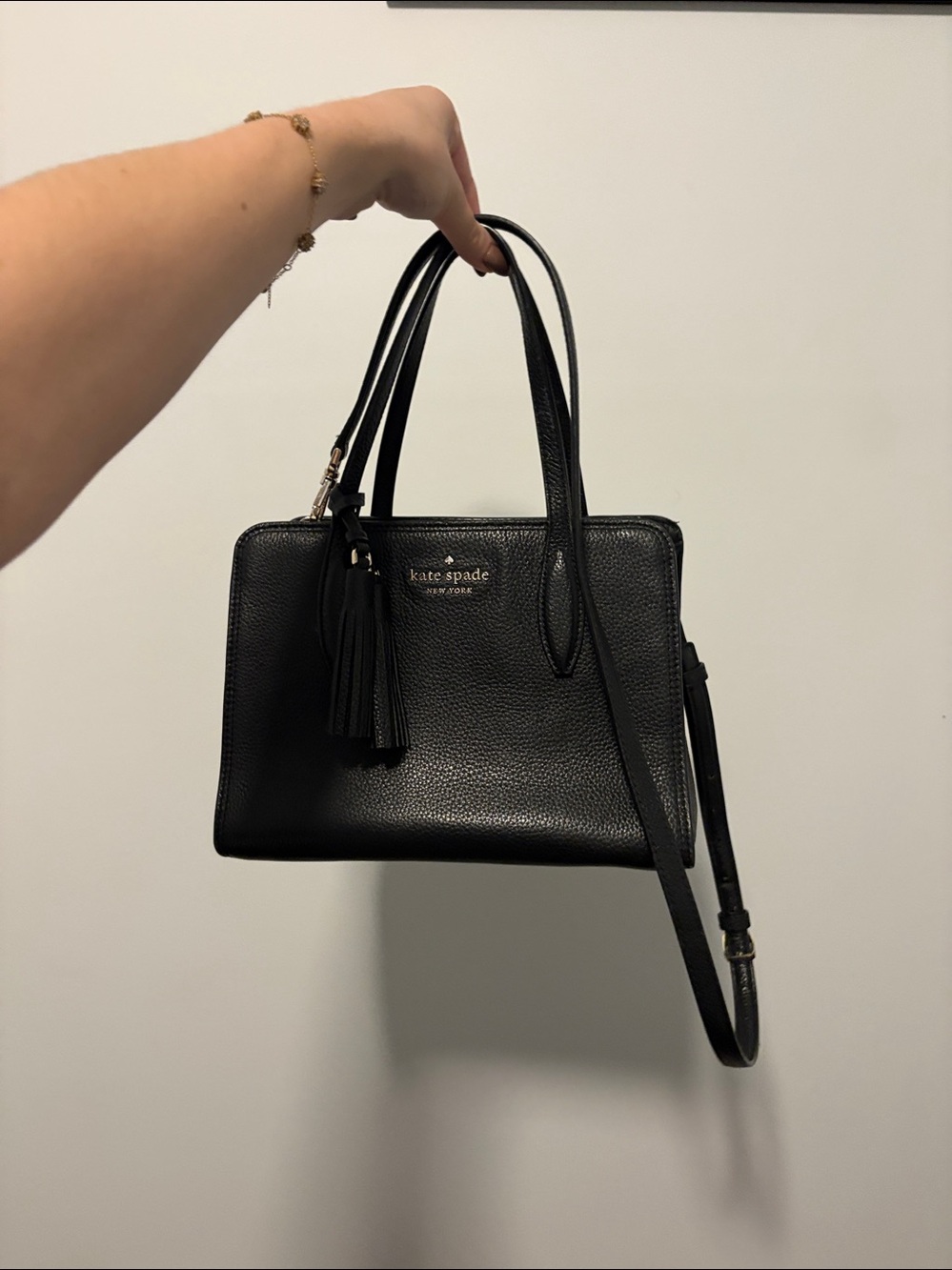 kate spade Black Pebbled Leather Tote with Tassel Charm